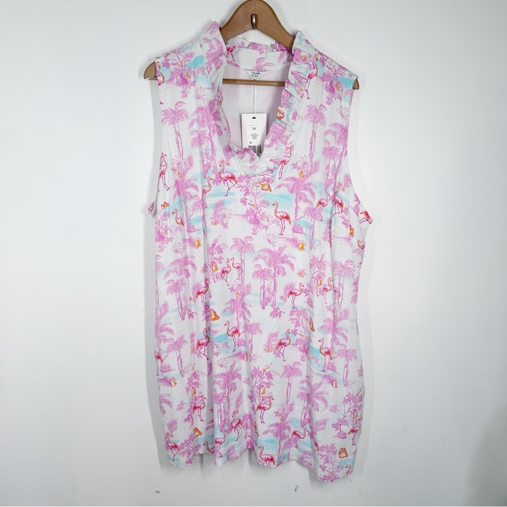 NWT Crown & Ivy Flamingo Print Shift Dress Plus Size 2X Sleeveless Ruffle